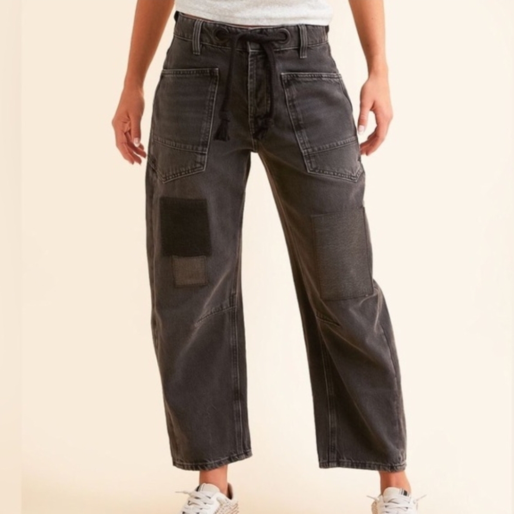 Free People Charcoal Patchwork Cropped Jeans